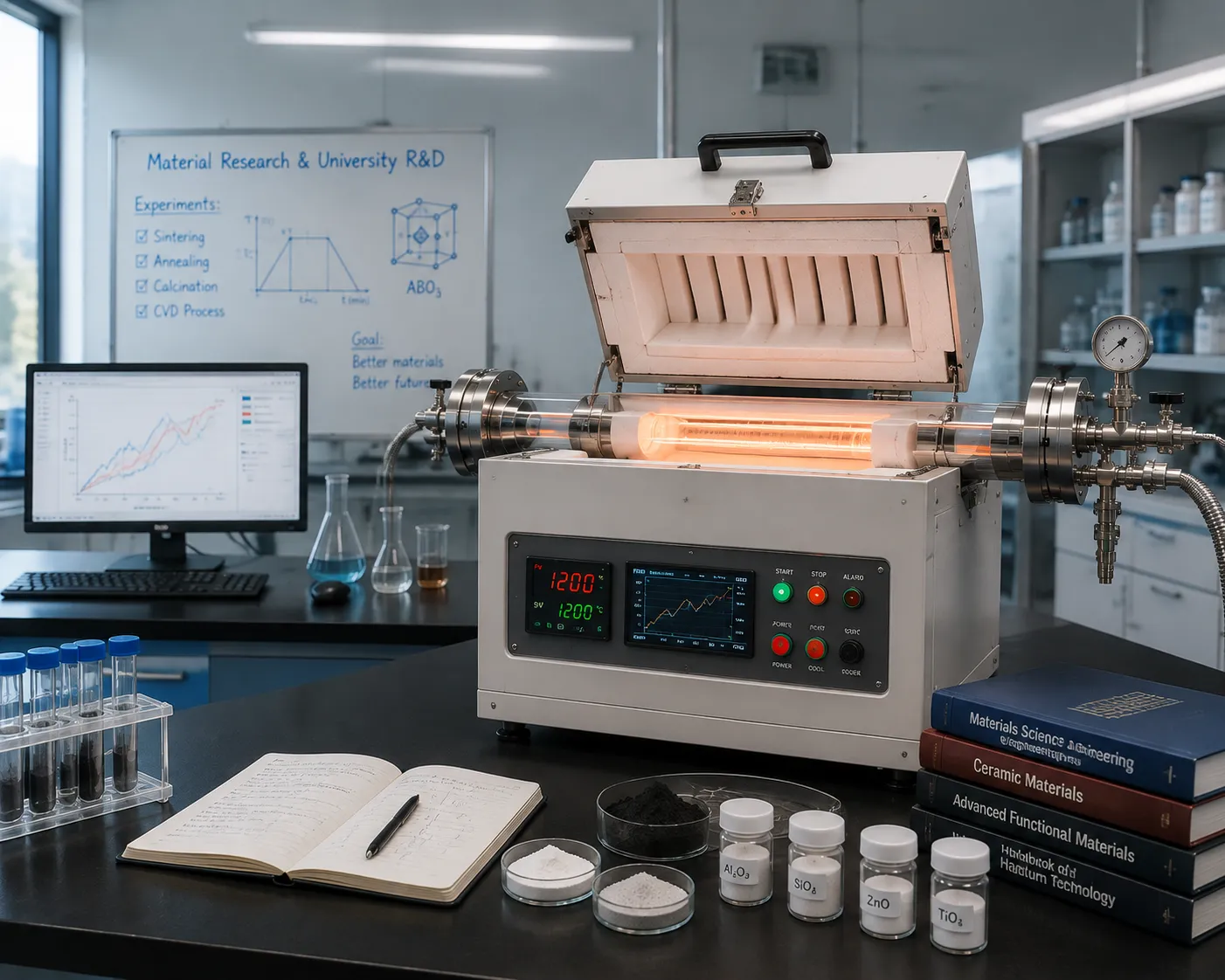 Material research laboratory benchtop tube furnace setup