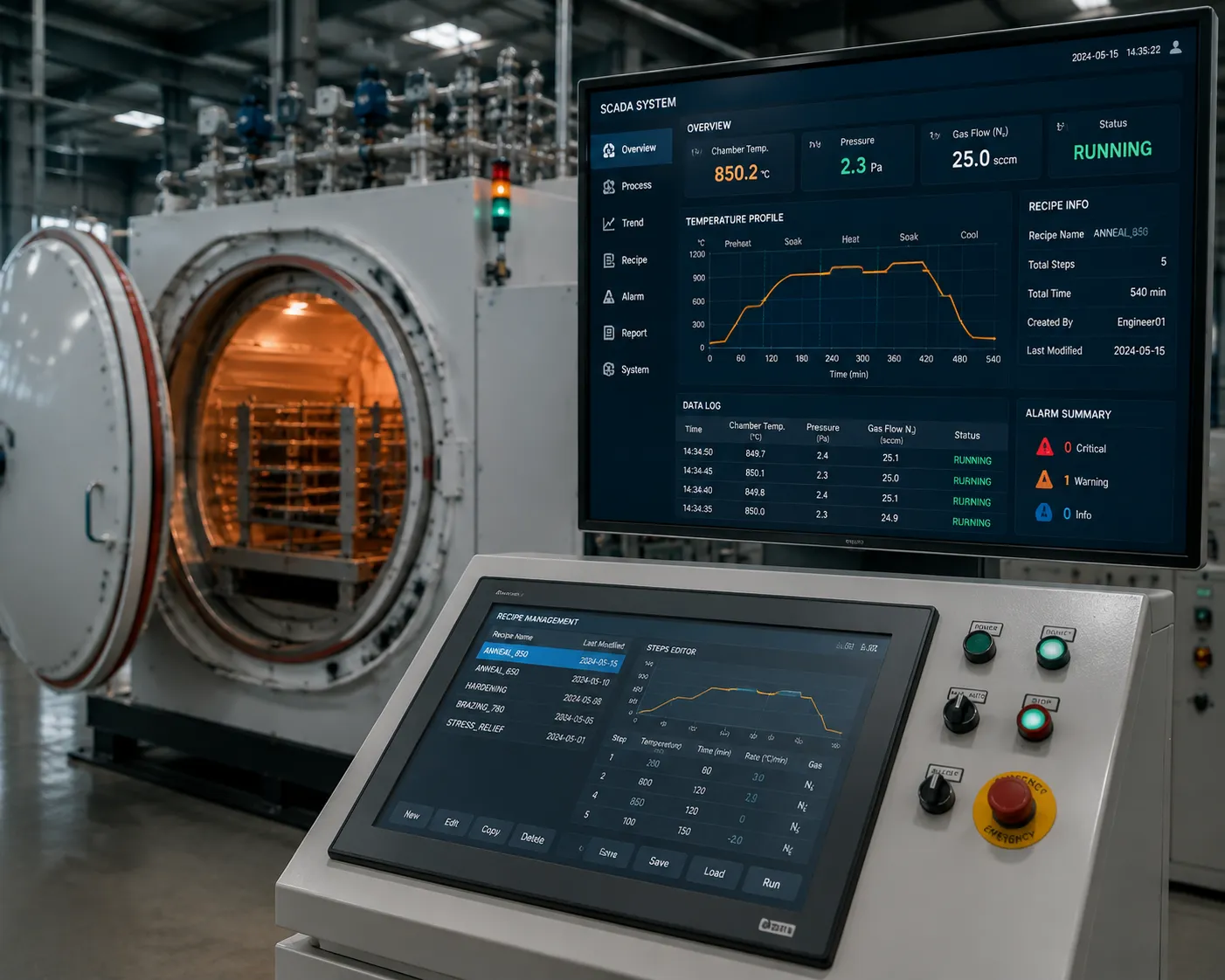 Industrial PLC touch panel interface and SCADA recipe manager