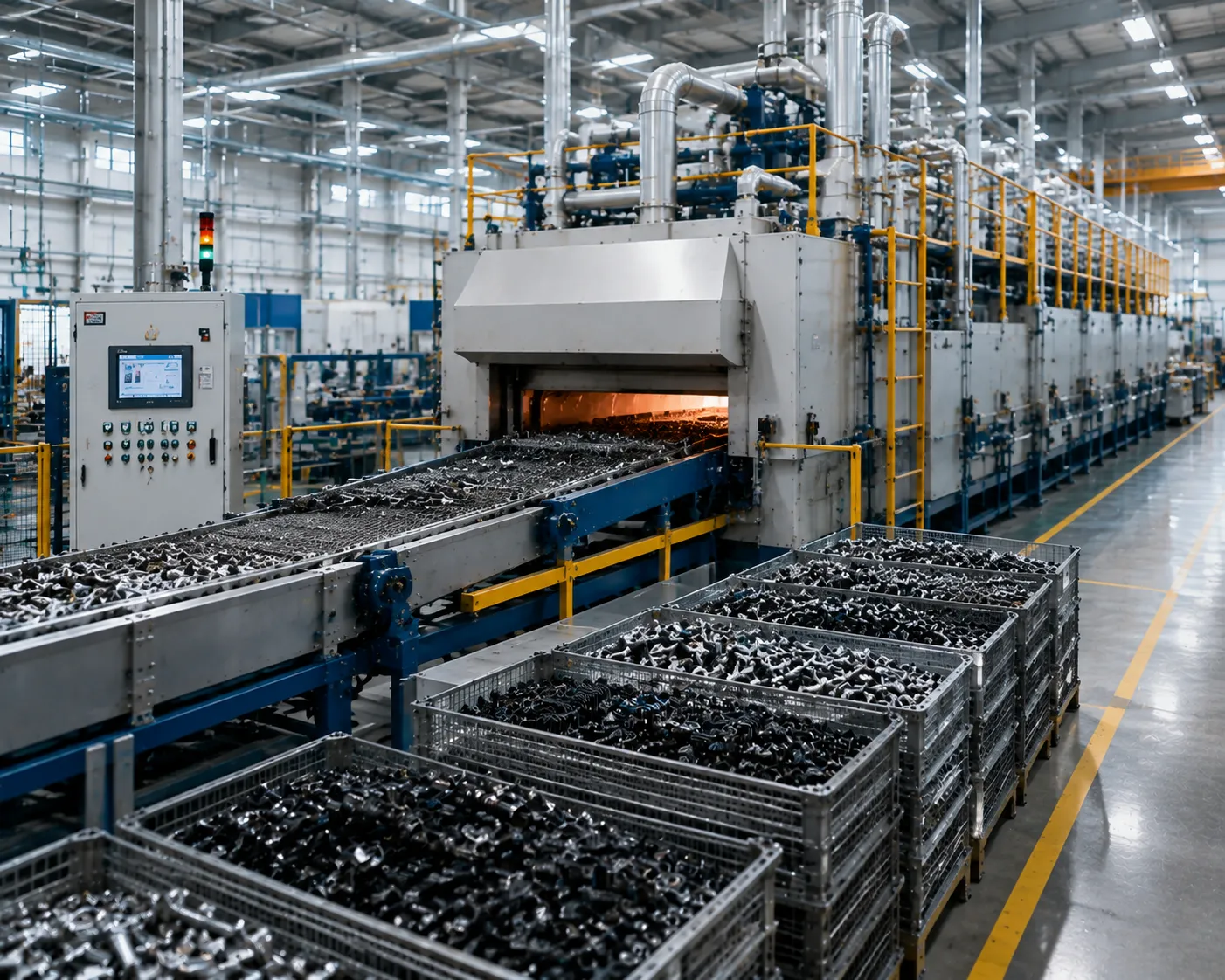 Mass continuous carburizing and quenching furnace line for high strength fasteners