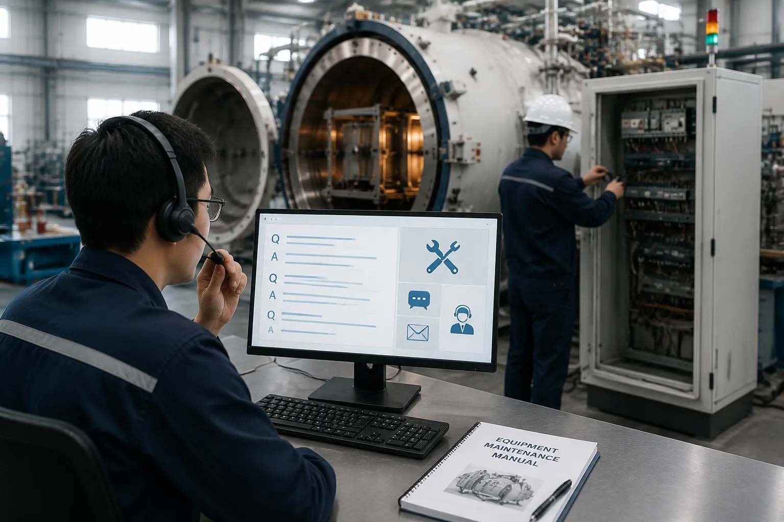 Haitem certified service engineer performing vacuum furnace maintenance and diagnostic troubleshooting