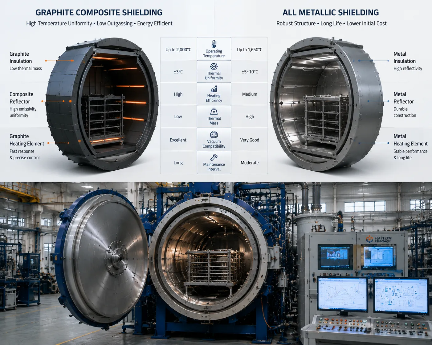 Modular heating chamber architecture for industrial vacuum heat treating furnace showing graphite vs metal zone comparison