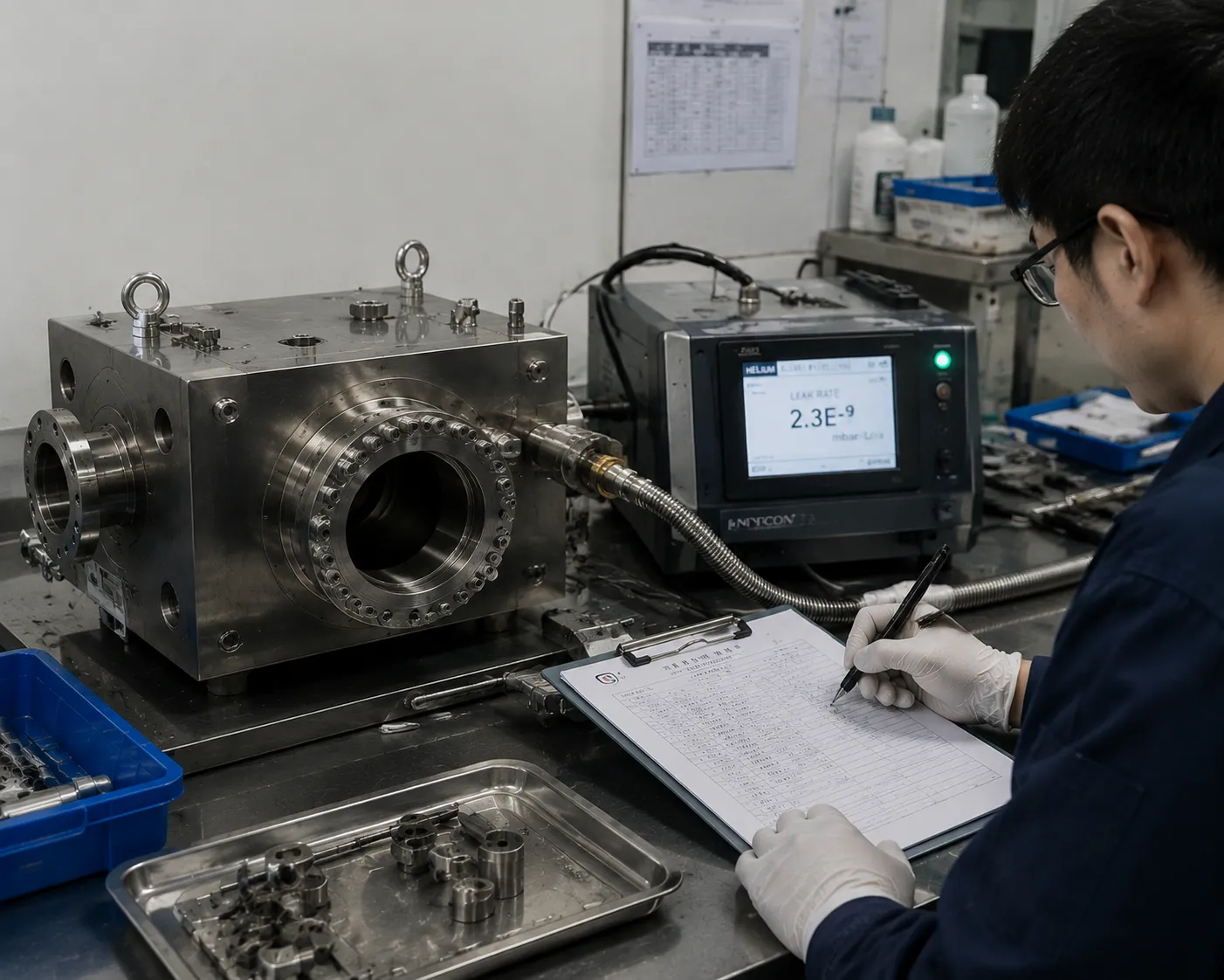 Helium mass spectrometry vacuum leak testing for Haitem furnace chambers