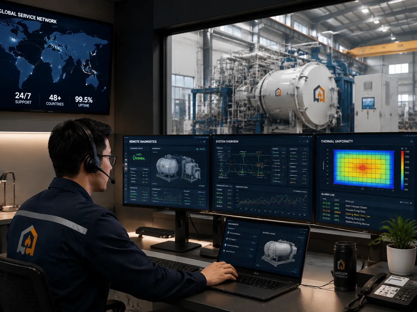 Engineers performing remote furnace diagnostics on interactive monitoring interface