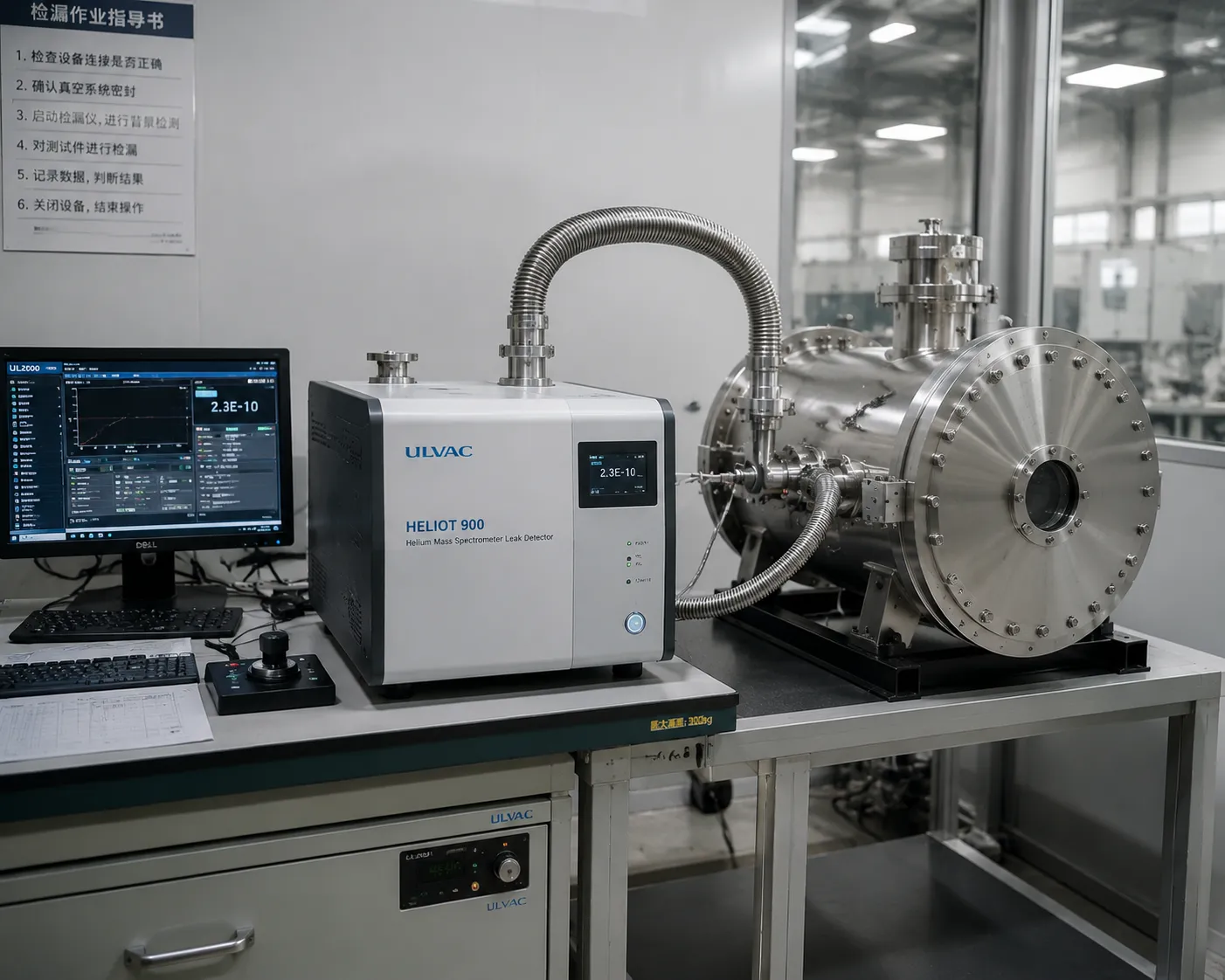 Helium Mass Spectrometer Leak Detector inspecting vacuum furnace chamber