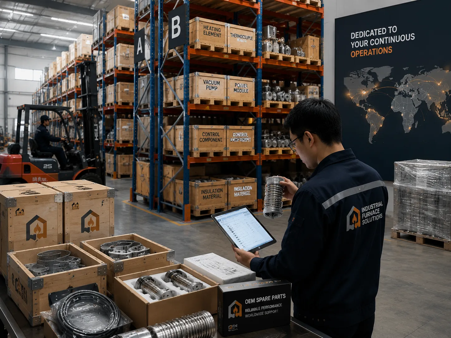 Stocked warehouse of genuine OEM industrial furnace spare parts including heating elements and thermocouples