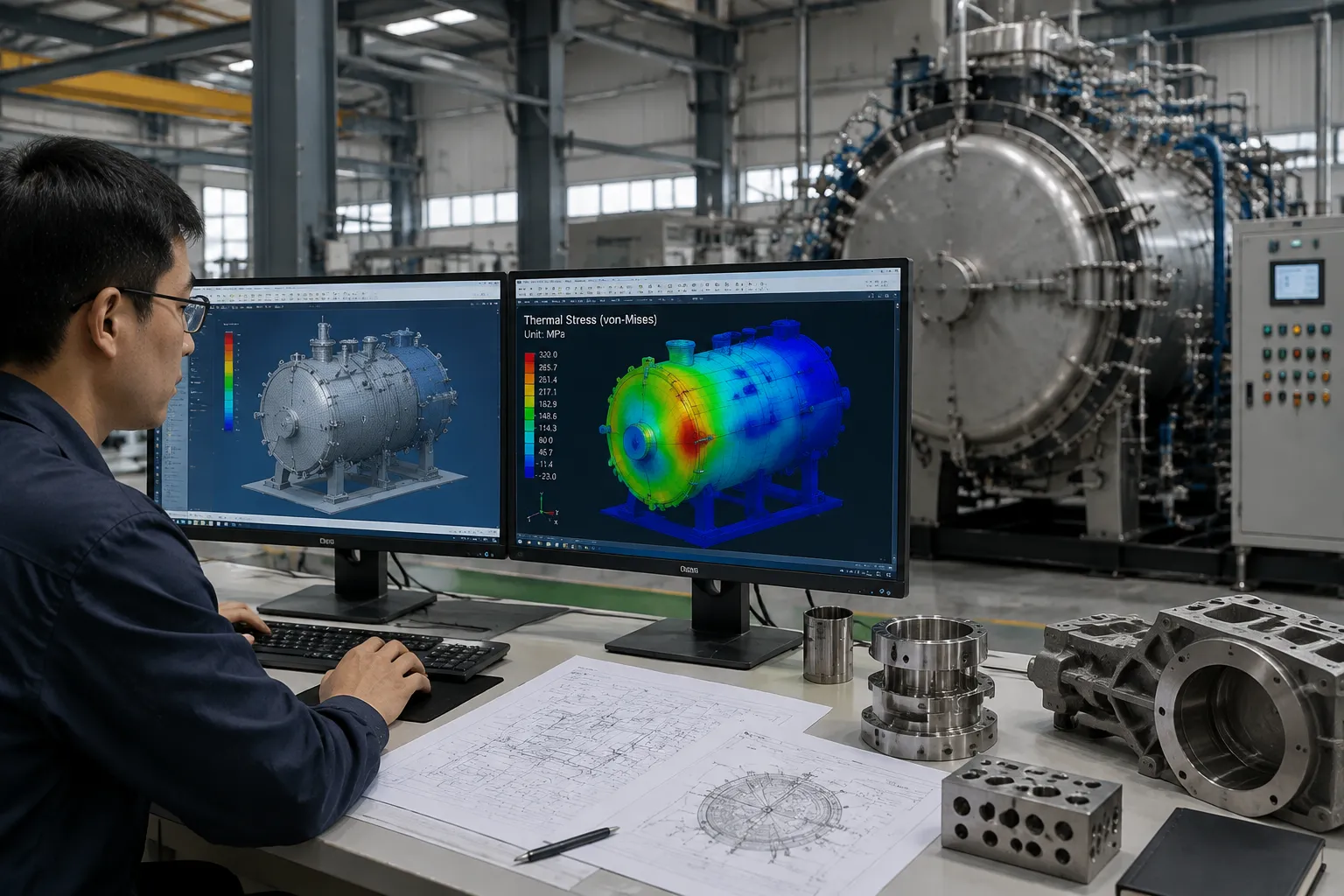 FEA high temperature thermal simulation contour map analyzing furnace structural stress