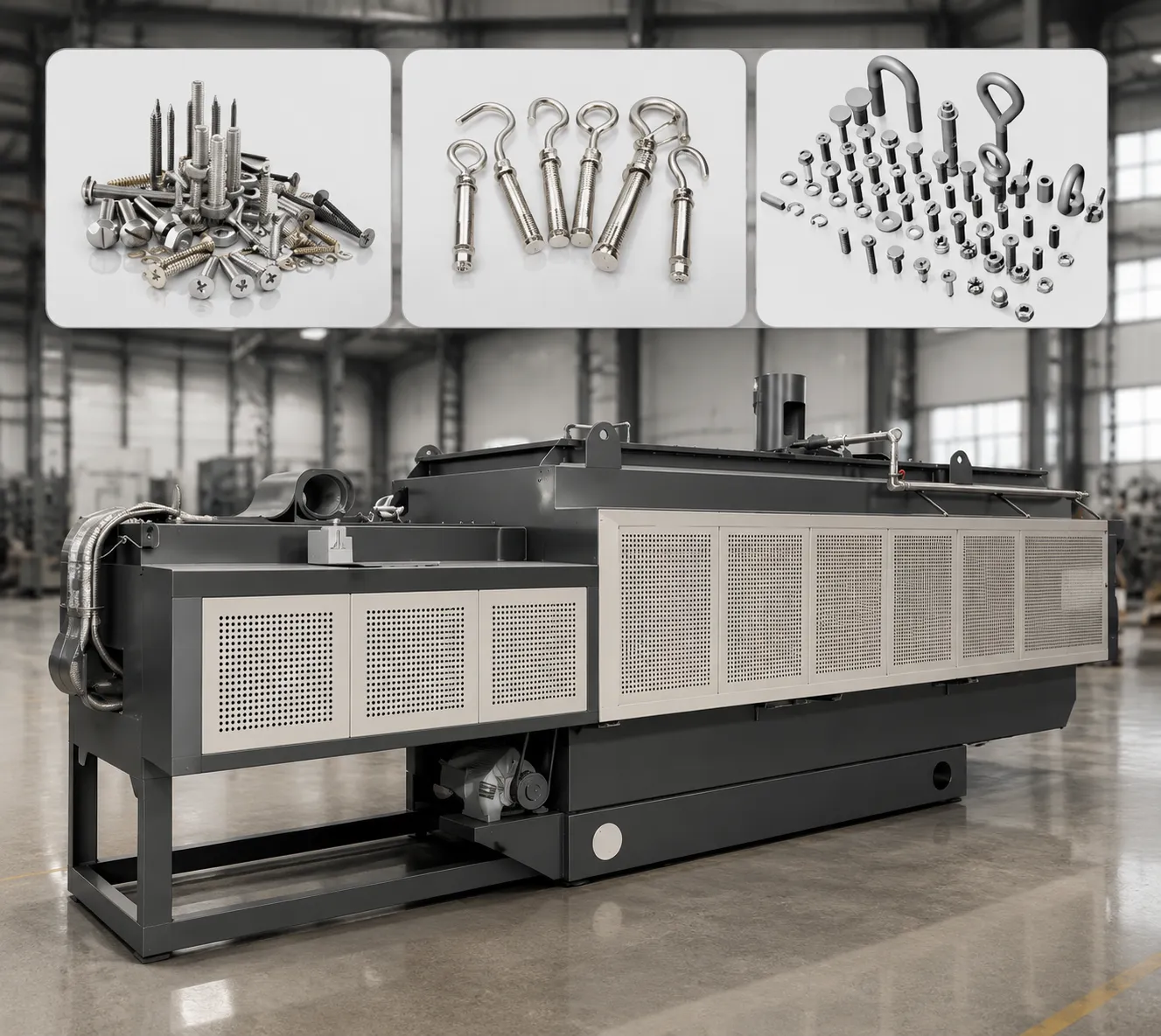 Continuous hardening line featuring mesh belt conveyor system