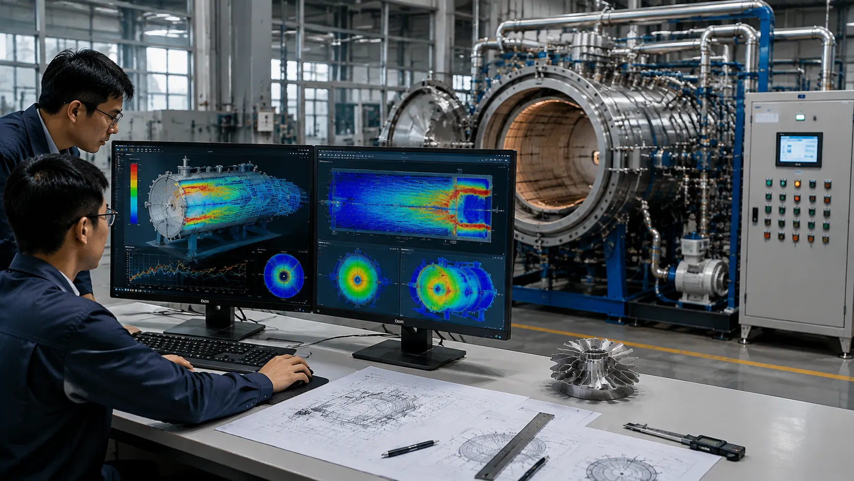 Furnace CFD analysis visualizing gas flow velocity profiles in atmosphere processing chamber